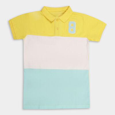 Boys' Yellow Cotton Polo Collar Color Block T-Shirt