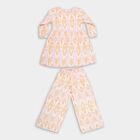 Girls Peach and White Embroidered Ikat Print Kurta and Palazzo Fusion Set, Off White, small image number null