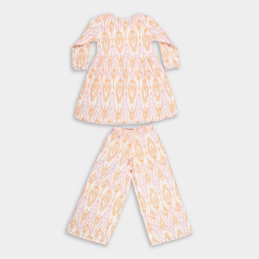 Girls Peach and White Embroidered Ikat Print Kurta and Palazzo Fusion Set, Off White, large image number null