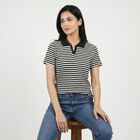 Women's Black Polo Neck Striped Polo T-Shirt, Black, small