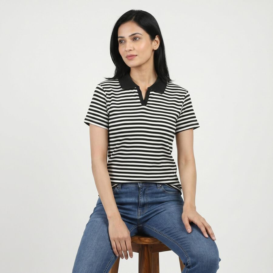 Women's Black Polo Neck Striped Polo T-Shirt, Black, large