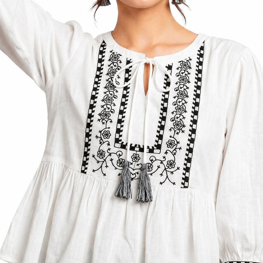 Women's White Cotton Round Neck Peplum Top, Off White, large
