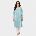Women's Light Blue V-Neck Floral Printed Kurta, Light Blue, small