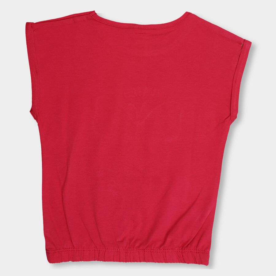 Girls' Vibrant Red Cotton Round Neck Casual T-Shirt, Fuchsia, large image number null