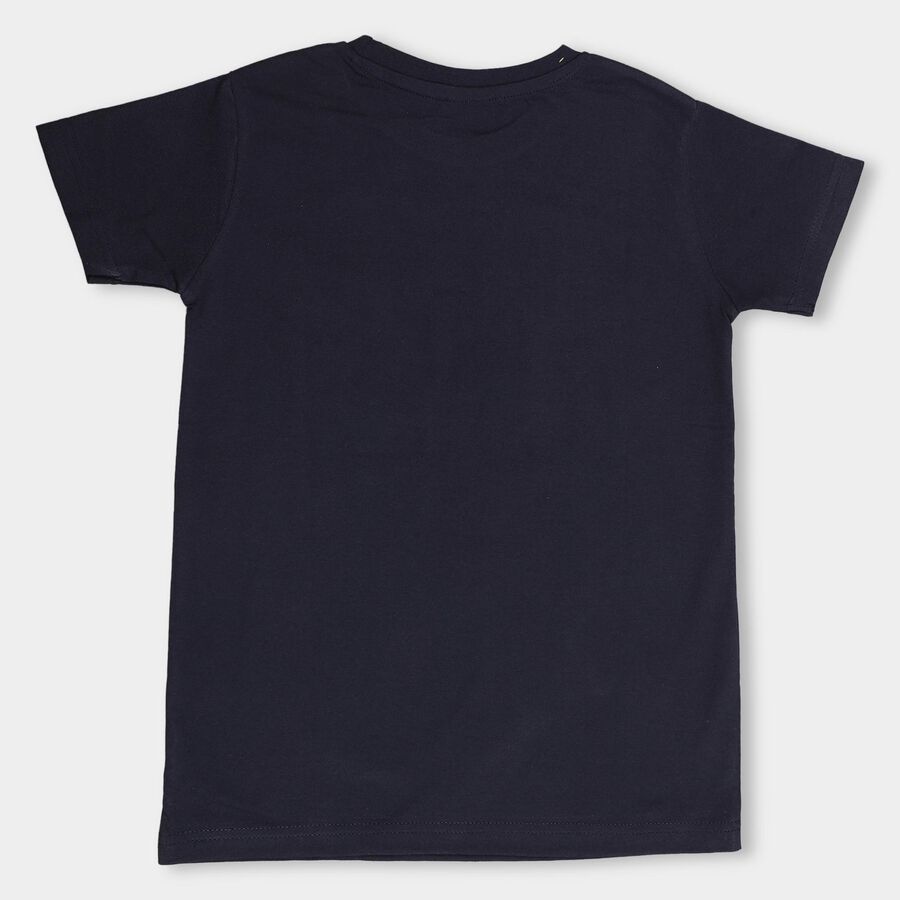 Boys' Deep Midnight Navy Blue Round Neck Printed T-Shirt, Navy Blue, large