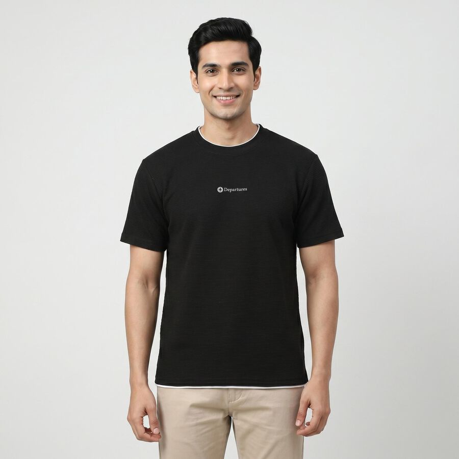 Men's Black Round Neck Regular T-Shirt, काला, large