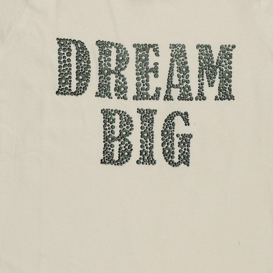 Girls' White Cotton Round Neck Slogan Printed T-Shirt, Off White, large