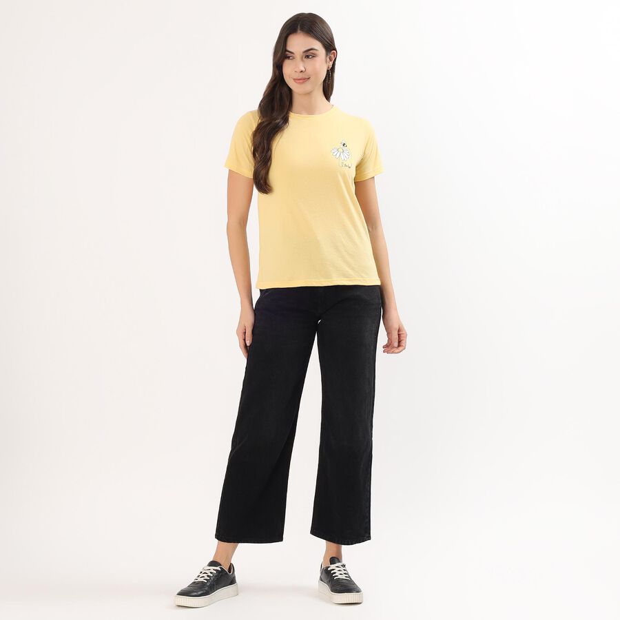 Women's Bright Yellow Round Neck Casual T-Shirt, पीला, large