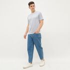 Men's Deep Blue Crew Neck Striped T-Shirt, गहरा नीला, small