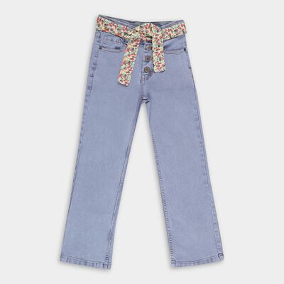 Girls' Light Powder Blue Straight Fit Floral Belt Jeans