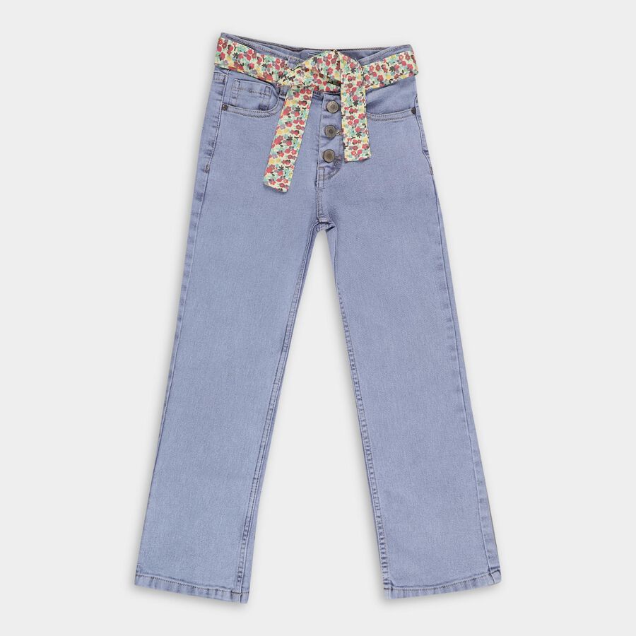 Girls' Light Powder Blue Straight Fit Floral Belt Jeans, Light Blue, large image number null