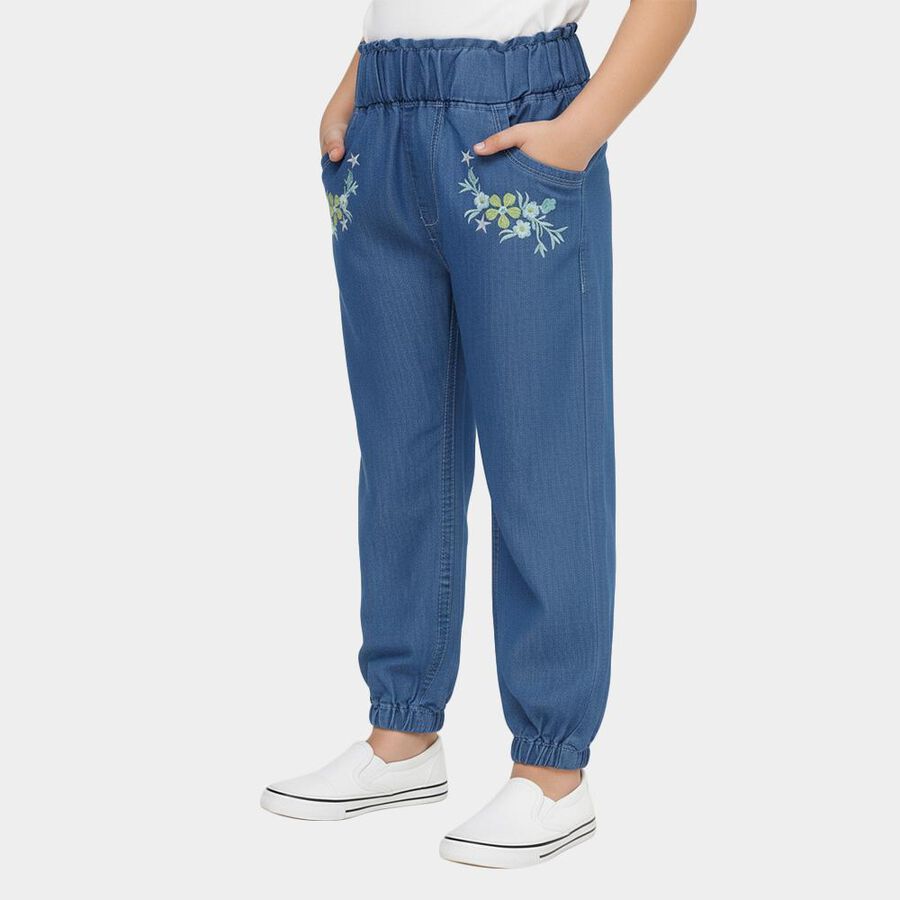 Girls' Muted Denim Blue Relaxed Fit Embroidered Jeans, Mid Blue, large image number null
