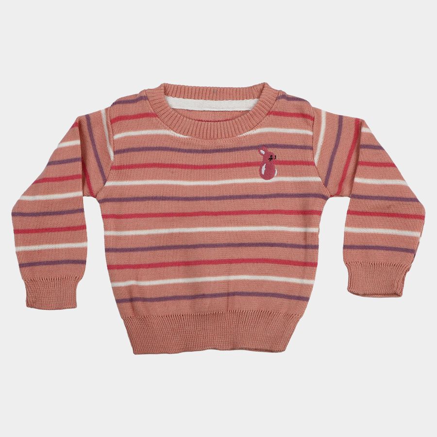 Infants Pink Crew Neck Striped Pullover, हल्का गुलाबी, large