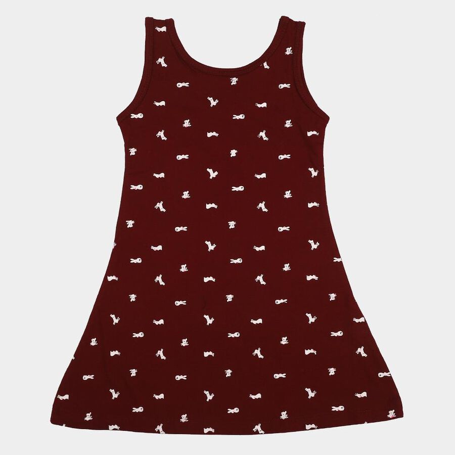 Girls' Wine A-Line Bunny Printed Sleeveless Frock, Wine, large