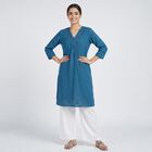 Women's Blue Cotton V-Neck Embroidered Kurta, गहरा नीला, small