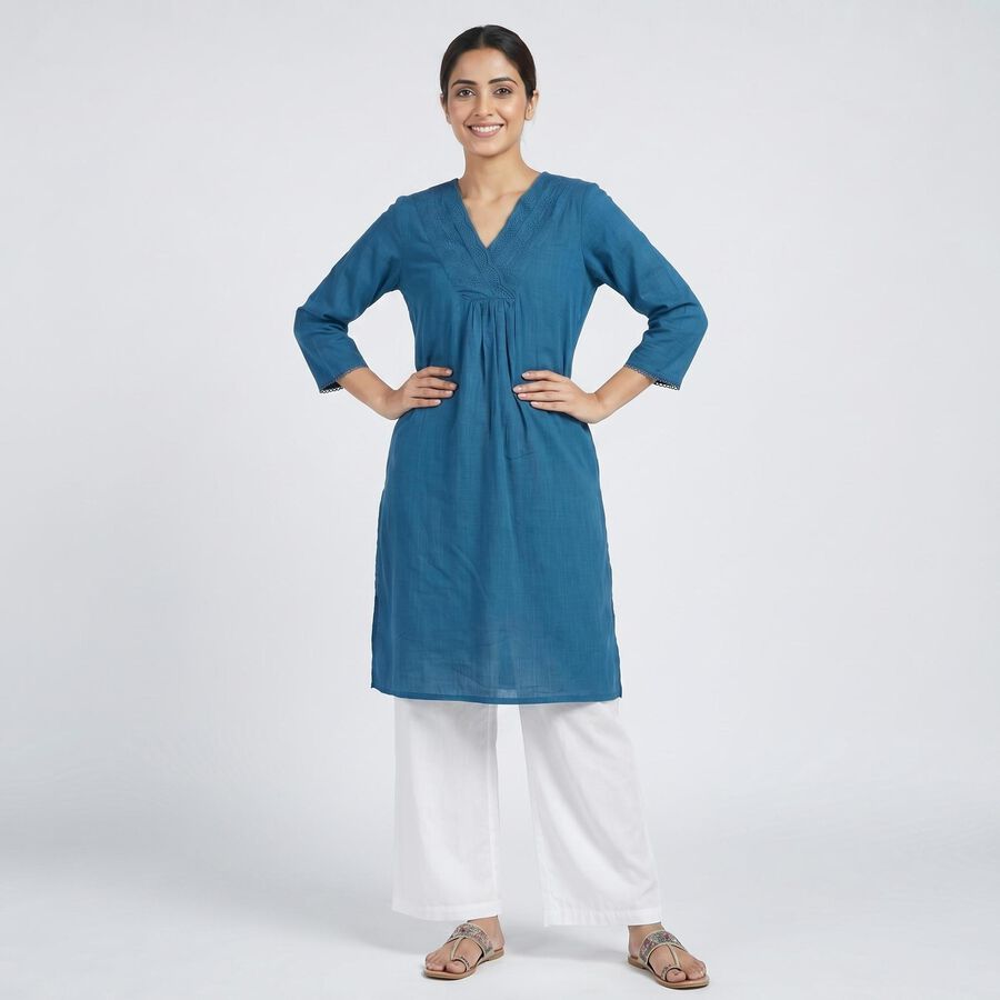 Women's Blue Cotton V-Neck Embroidered Kurta, गहरा नीला, large
