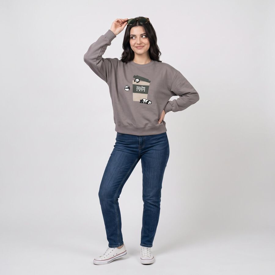 Women Grey Crew Neck Drop Shoulder Sweatshirt, गहरा ग्रे, large