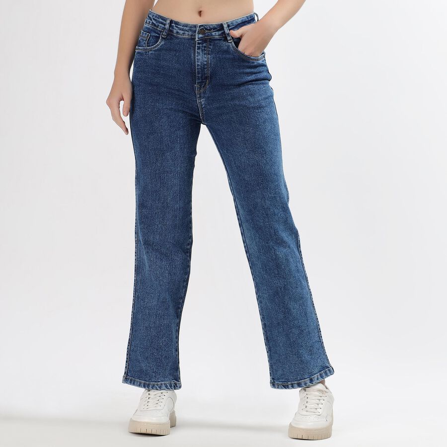 Women's Stonewashed Blue Straight Fit High-Rise Jeans, मध्यम नीला, large