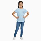 Girls Light Blue Round Neck Casual T-Shirt, हल्का नीला, small