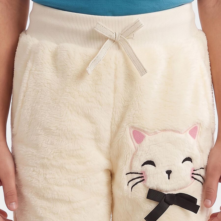 Girls' Cream Regular Fit Cat Applique Jogger Pyjama, ऑफ व्हाइट, large