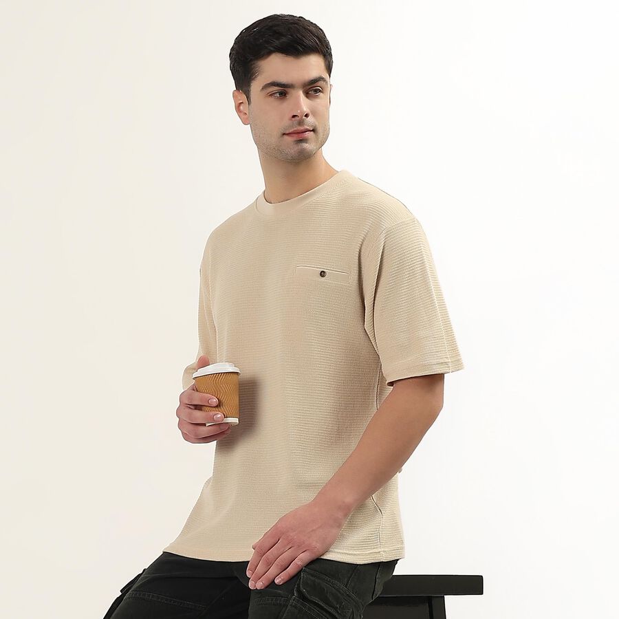 Men's Light Oatmeal Beige Round Neck Minimalist T-Shirt, Beige, large