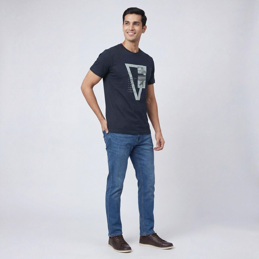 Men's Navy Blue Round Neck Casual T-Shirt, Navy Blue, large