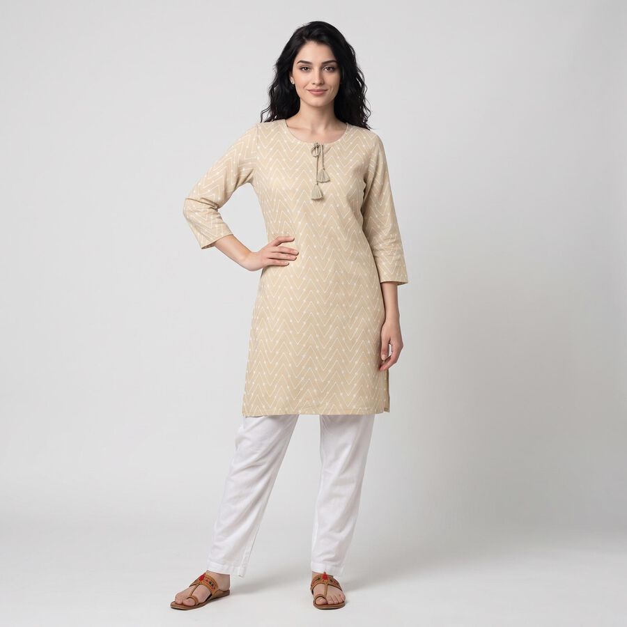 Women's Beige Round Neck Geometric Printed Straight Kurta, गहरा पीला, large