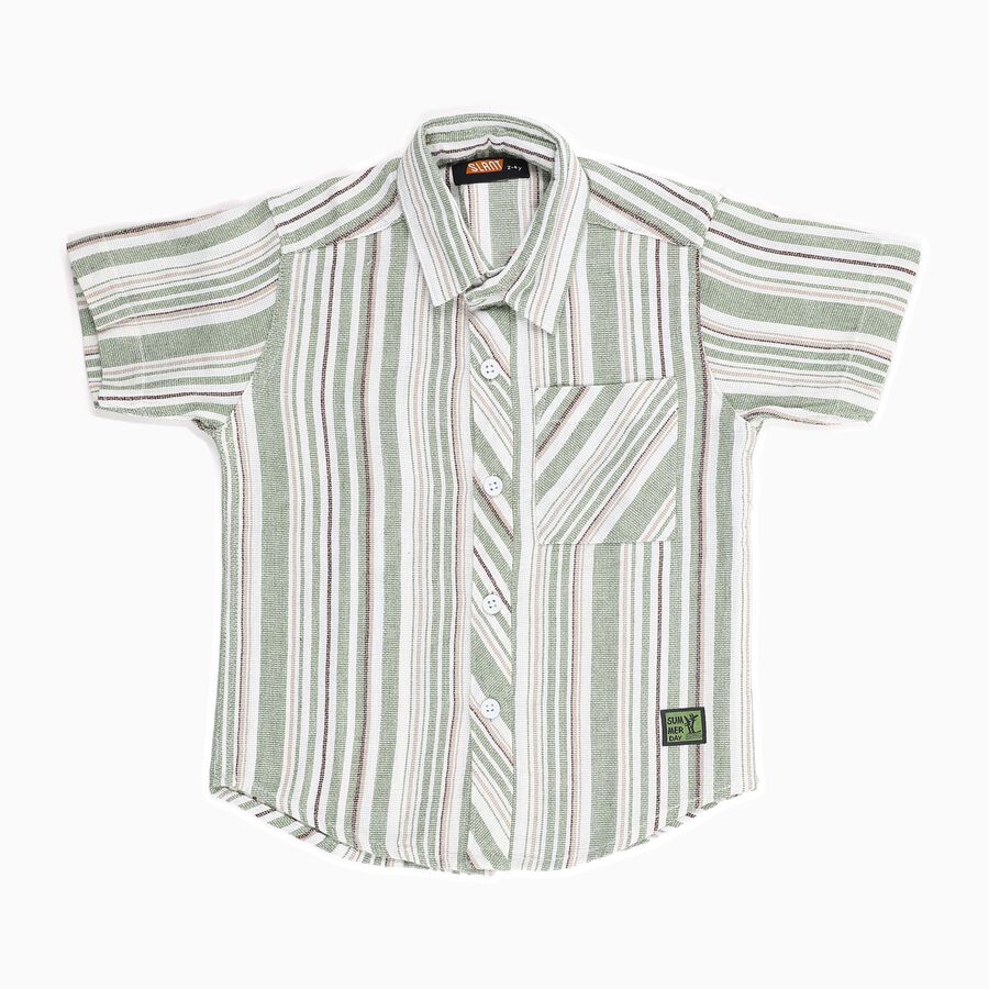 Boys Light Sage Green Striped Half Sleeve Classic Casual Shirt, Light Green, large image number null