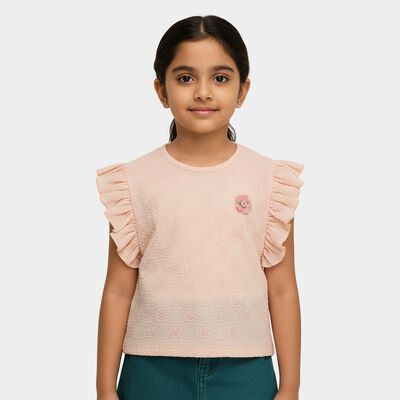 Girls' Pink Crew Neck Ribbed T-Shirt