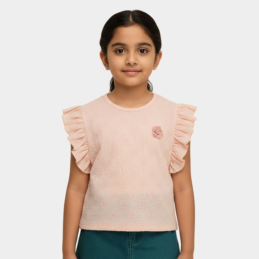Girls' Pink Crew Neck Ribbed T-Shirt, Light Pink, large