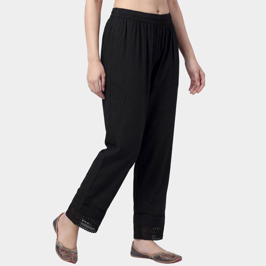 Women's Black Straight-Fit Lace Hem Cotton Palazzos, काला, large