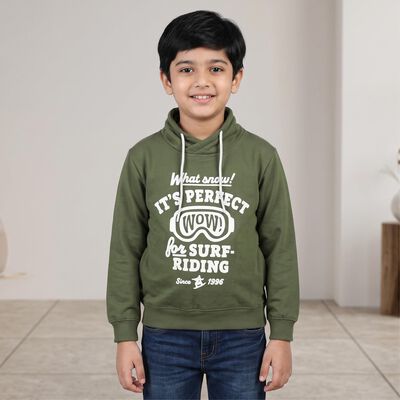Boys' Olive Green Hooded Neck Graphic Print Sweatshirt