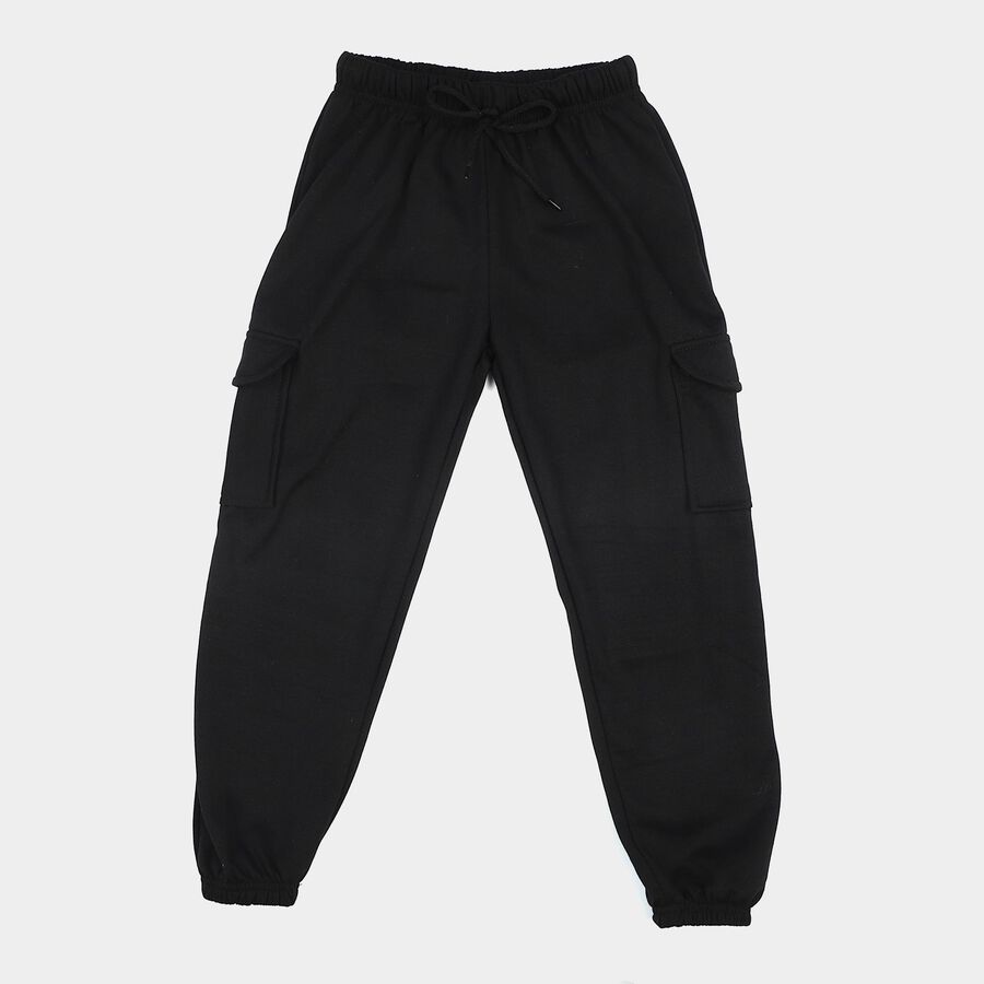 Girls Black Jogger Fit Solid Cargo Pocket Pyjama, Black, large