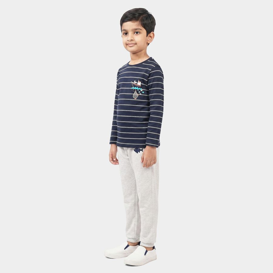 Boys Navy Blue Cotton Round Neck Striped Baba Suit, नेवी ब्लू, large
