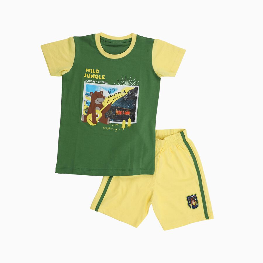Boys' Dark Green Cotton Round Neck Cartoon Print Baba Suit, गहरा हरा, large image number null