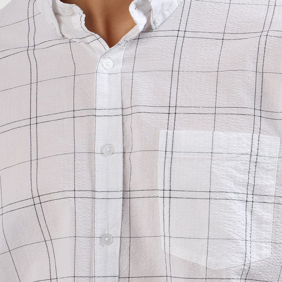 Men's Rich Eggshell White Cotton Mandarin Collar Casual Shirt, White, large image number null