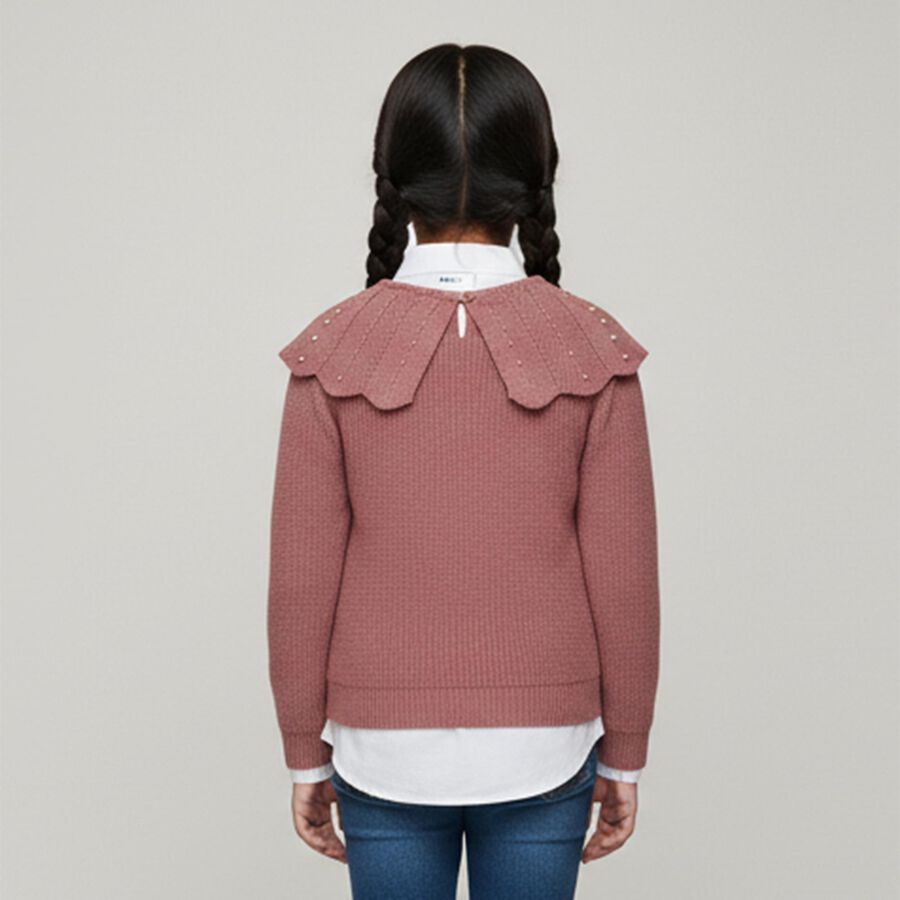 Girls' Dusty Rose Crew Neck Knit Pullover, Light Pink, large image number null