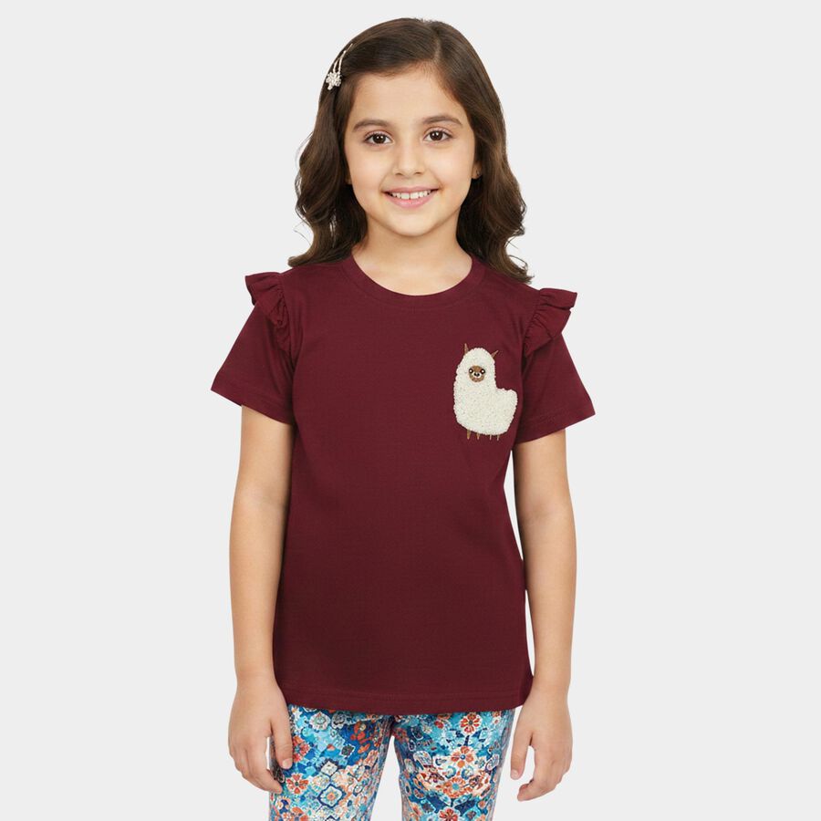 Girls Purple Cotton Round Neck Regular T-Shirt, बैंगनी, large