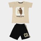 Boys Beige 100% Cotton Round Neck Graphic Print Baba Suit, गहरा पीला, small