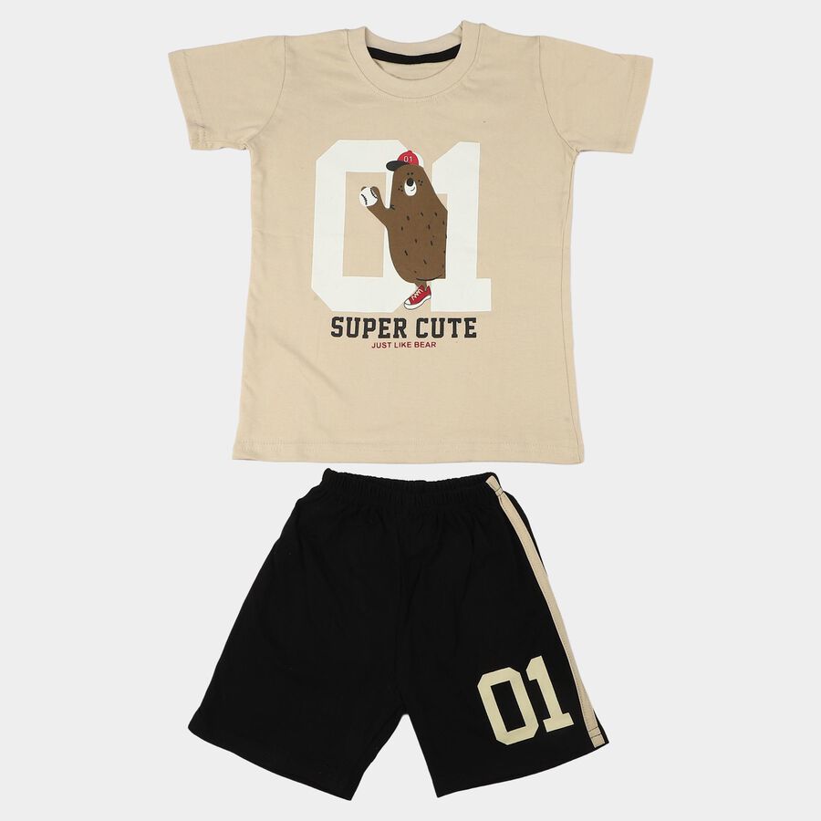 Boys Beige 100% Cotton Round Neck Graphic Print Baba Suit, गहरा पीला, large