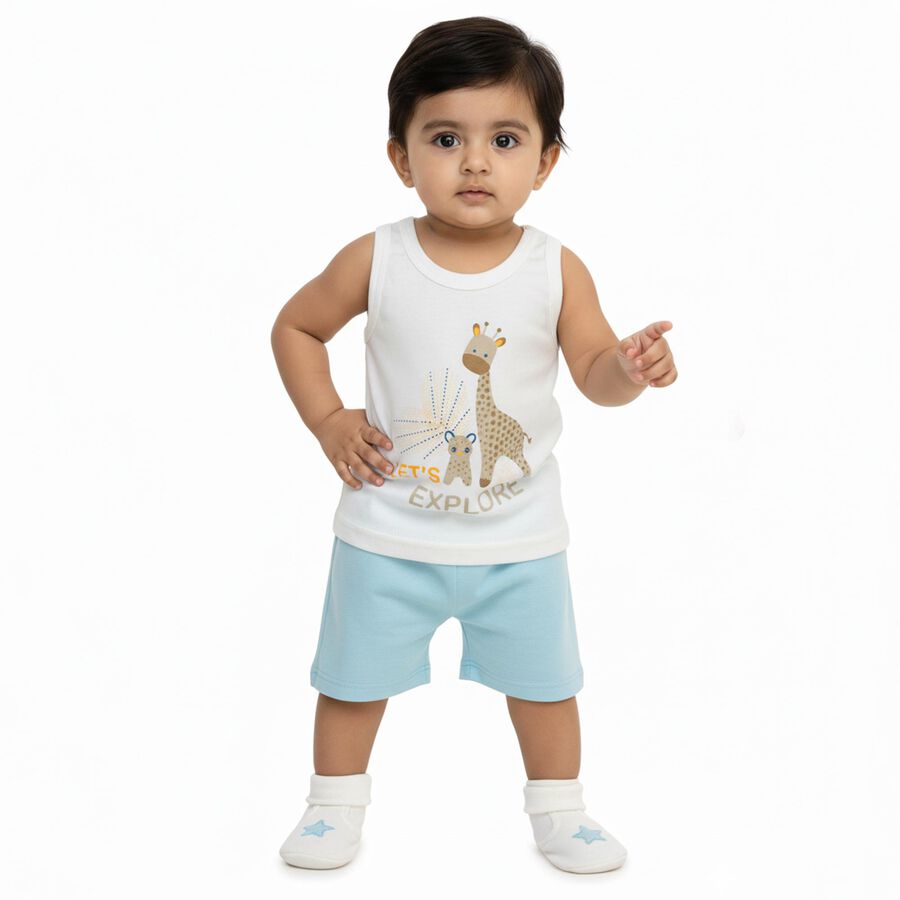 Infants' Bright White Cotton Round Neck Casual Vest, ऑफ व्हाइट, large image number null