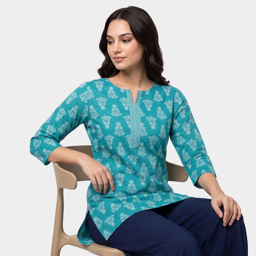 Women's Mid Blue Round Neck Printed Straight Kurti, Mid Blue, large