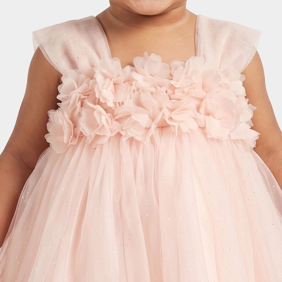 Infants' Peach Fit and Flare Floral Applique Party Wear Frock, पीच, large