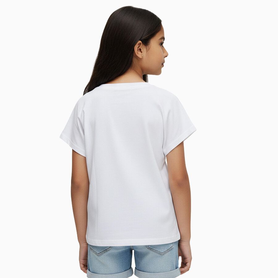 Girls' White Cotton Round Neck Embroidered T-Shirt, सफ़ेद, large