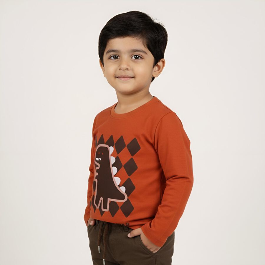 Boys' Rust Orange Cotton Dinosaur Printed Baba Suit, Brown, large image number null