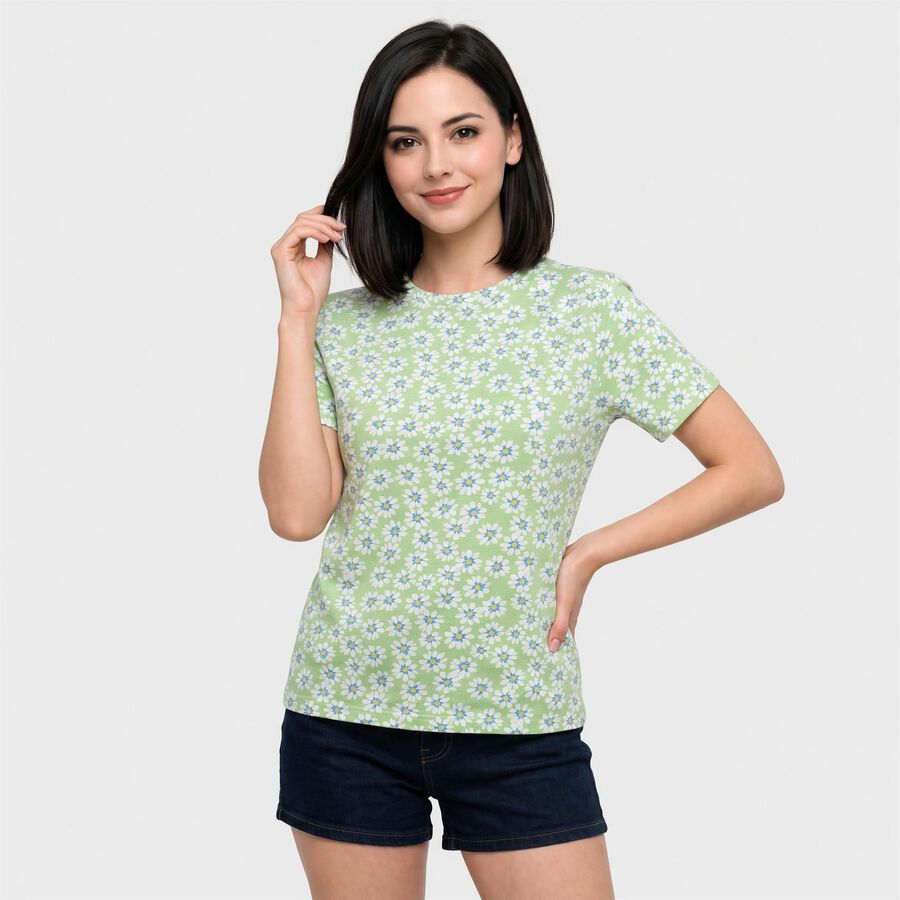 Women Green Round Neck Regular T-Shirt, Light Green, large