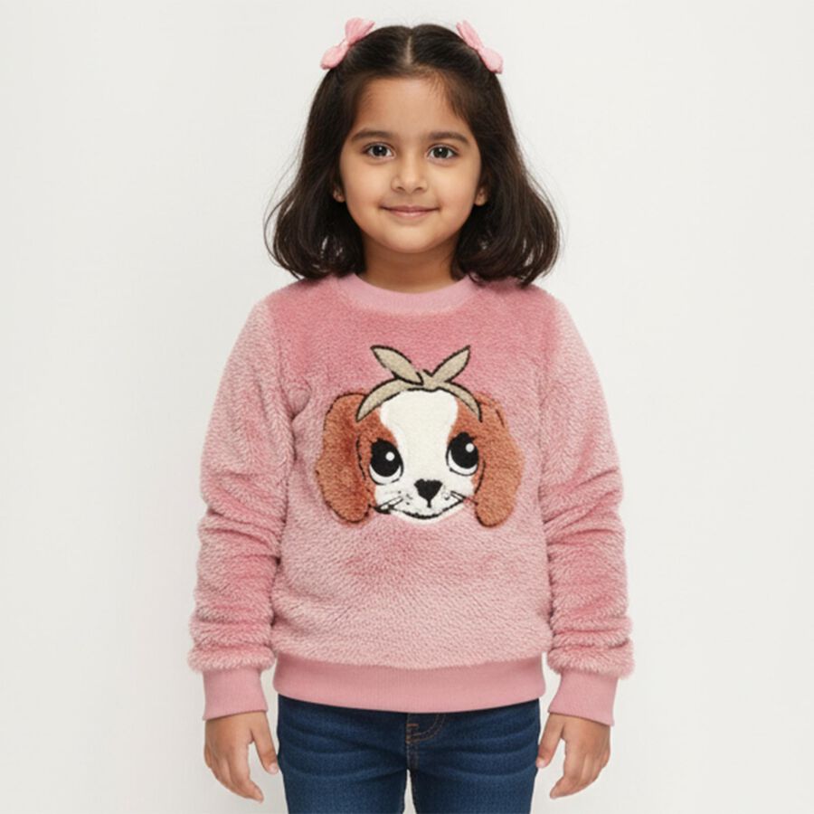 Girls Bright Pink Crew Neck Casual Sweatshirt, Pink, large image number null
