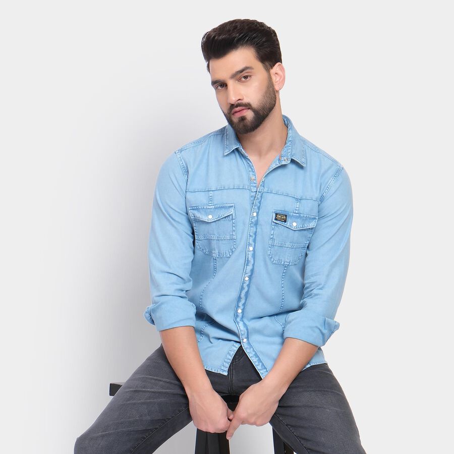 Men's 100% Cotton Casual Shirt , Mid Blue, large image number null