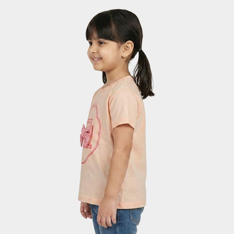 Girls Light Pink Cotton Round Neck Casual T-Shirt, Light Pink, large