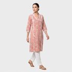 Women's Pink V-Neck Lace Trim Printed Kurta, गुलाबी, small